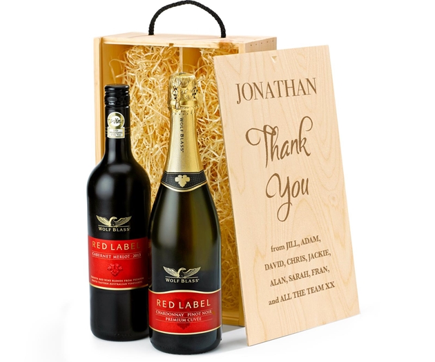 Retirement Wolf Blass Red & Sparkling Wine Gift Box With Engraved Personalised Lid